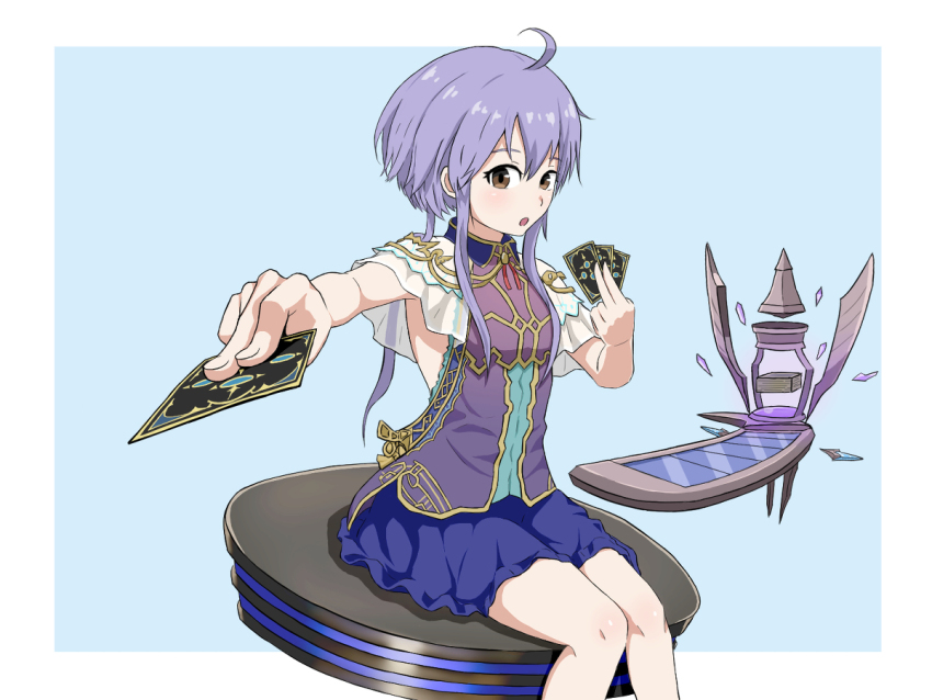 1girl ahoge armpits blue_dress cape card dress hair_ornament kvar98 legs looking_at_viewer purple_hair shadowverse shingeki_no_bahamut skirt spinaria_(shingeki_no_bahamut)