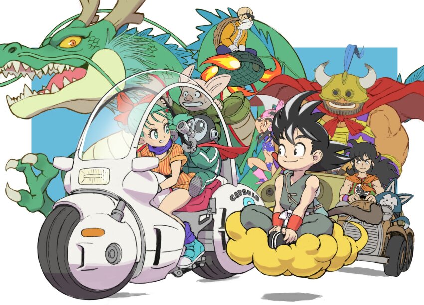 2girls 6+boys armor beard bikini_armor black_hair blue_armor bow bulma cape car cat chi-chi_(dragon_ball) colored_sclera colored_skin dragon dragon_ball dragon_ball_(classic) dress driving eastern_dragon facial_hair flying_nimbus gas_mask green_eyes green_hair green_jacket green_skin gyuu_mao hair_bow helmet highres horns jacket long_hair looking_at_viewer looking_back mask medium_hair monkey_tail motor_vehicle motorcycle multiple_boys multiple_girls muscular muscular_male muten_roushi oolong orange_dress pig pink_helmet pink_skin puar red_cape red_dress red_eyes robot ruyi_jingu_bang shenron_(dragon_ball) simple_background smile son_goku spiked_hair tail two-tone_dress urasato yellow_sclera