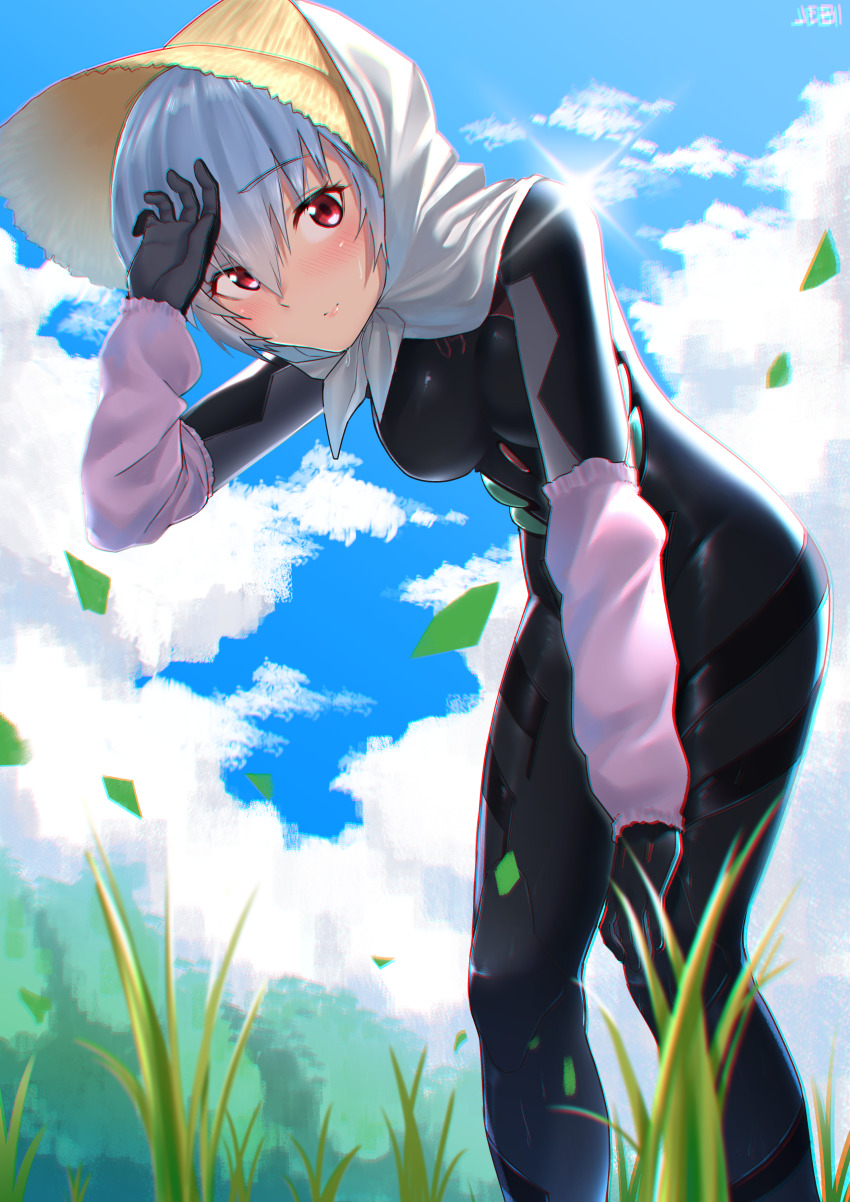 1girl absurdres ayanami_rei black_bodysuit blue_hair blue_sky bodyboard bodysuit cloud cloudy_sky evangelion:_3.0+1.0_thrice_upon_a_time female_focus hair_between_eyes highres mecha_pilot_suit neon_genesis_evangelion plugsuit_(evangelion) rebuild_of_evangelion red_eyes sky solo tagme