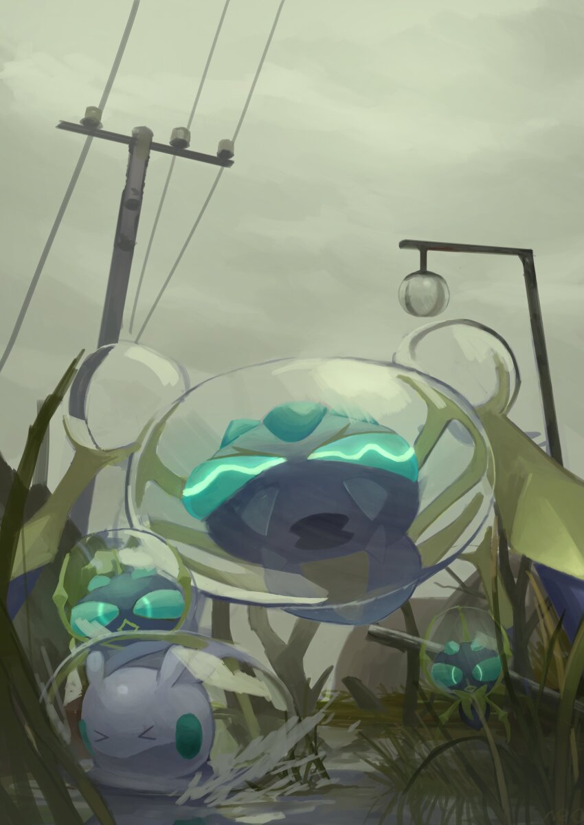 &gt;_&lt; absurdres araquanid closed_eyes cloud cloudy_sky commentary_request dewpider evolutionary_line from_below gen_6_pokemon gen_7_pokemon goomy grass highres king_joe_(neoroto) nintendo no_humans outdoors pokemon pokemon_(creature) power_lines puddle reflection sky utility_pole water
