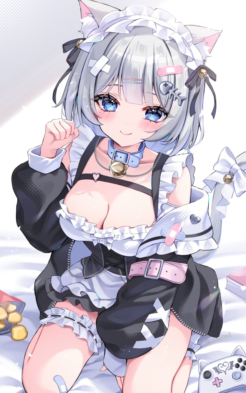 1girl absurdres animal_ear_fluff animal_ears bandaid bell black_jacket blue_eyes blush bow breasts cat_ears cat_girl chips_(food) choker cleavage closed_mouth controller dress eneru_(enepuni) food game_controller grey_hair hair_bow hair_ornament headdress highres jacket jewelry large_breasts looking_at_viewer neck_bell open_clothes open_jacket original short_hair smile solo tail thighlet white_dress