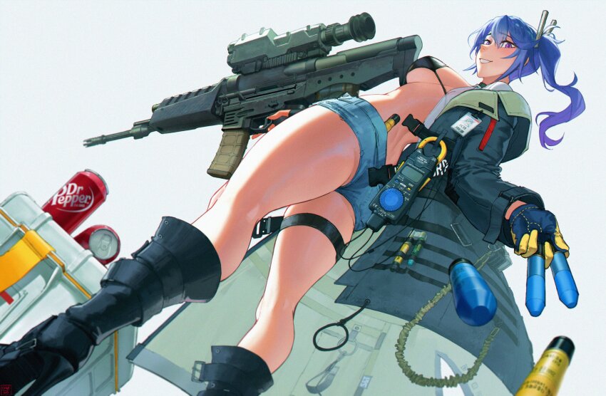 20x30mm_lv 20x30mm_lv_heab_k167 20x30mm_lv_p_k168 absurdres airburst_grenade_launcher airburst_round ammunition anti-materiel_cartridge ass assault_rifle asymmetrical_gloves bikini bikini_top_only black_bikini black_footwear black_gloves black_jacket blue_hair bolt-action_grenade_launcher bolt_action boots box bullpup burst_fire_gun burst_fire_rifle can cannon_cartridge carbine clothes_pin commentary computerized_scope daewoo_k11 dangodes denim denim_shorts dr_pepper drink_can dutch_angle english_commentary explosive fingerless_gloves fragmentation_grenade fragmentation_warhead girls&#039;_frontline gloves grenade grenade_cartridge grenade_launcher gun hair_ornament hairclip high-explosive_airburst_round high-explosive_cartridge high_heel_boots high_heels highres holding holding_gun holding_weapon jacket k11_(girls&#039;_frontline) long_hair looking_at_viewer micro_shorts military_cartridge mismatched_gloves multi-weapon multiple-barrel_gun open_clothes open_jacket parted_lips practice_round precision-guided_firearm precision-guided_munition purple_eyes rifle shorts smart_grenade smart_scope smile soda_can subsonic_ammunition swimsuit telescopic_sight trigger_discipline two-tone_gloves underbarrel_assault_rifle underbarrel_rifle weapon yellow_gloves