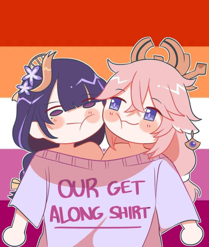 2girls animal_ears bare_shoulders cheek-to-cheek closed_mouth commentary earrings eimikodoodles english_text flower fox_ears genshin_impact hair_flower hair_ornament hashtag-only_commentary heads_together highres jewelry lesbian_flag long_hair long_sleeves looking_at_another mole mole_under_eye multiple_girls pink_hair purple_eyes purple_flower purple_hair purple_shirt raiden_shogun shared_shirt shirt smile yae_miko yuri