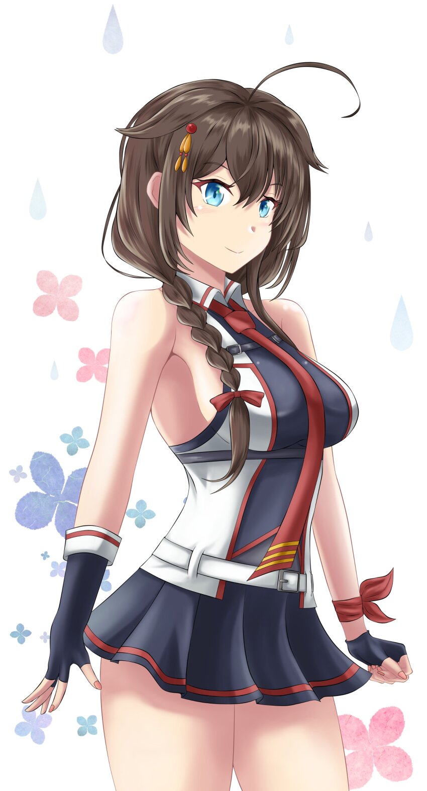 absurdres ahoge black_gloves black_hair black_shirt black_skirt blue_eyes braid contrapposto fingerless_gloves floral_background gloves hair_flaps hair_over_shoulder highres kantai_collection long_hair looking_at_viewer necktie nipa_(graf_xsr900) pleated_skirt red_necktie shigure_(kancolle) shigure_kai_san_(kancolle) shirt single_braid skirt sleeveless sleeveless_shirt smile standing two-tone_shirt