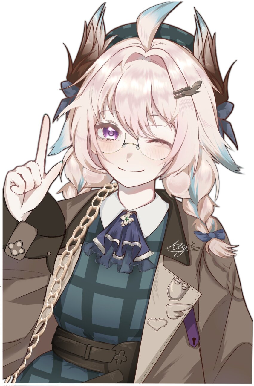 1girl ahoge alternate_hair_length alternate_hairstyle aqua_hair aqua_nails artist_name ascot auyi_1025 beret bird_hair_ornament blonde_hair bow braid brown_coat closed_mouth coat commentary dress enna_alouette enna_alouette_(3rd_costume) glasses green_dress hair_between_eyes hair_bow hair_intakes hair_ornament hat head_wings highres light_blush looking_at_viewer low_twin_braids medium_hair multicolored_hair nijisanji nijisanji_en one_eye_closed pointing pointing_up purple_eyes signature simple_background smile solo streaked_hair symbol-only_commentary twin_braids virtual_youtuber white_background wings