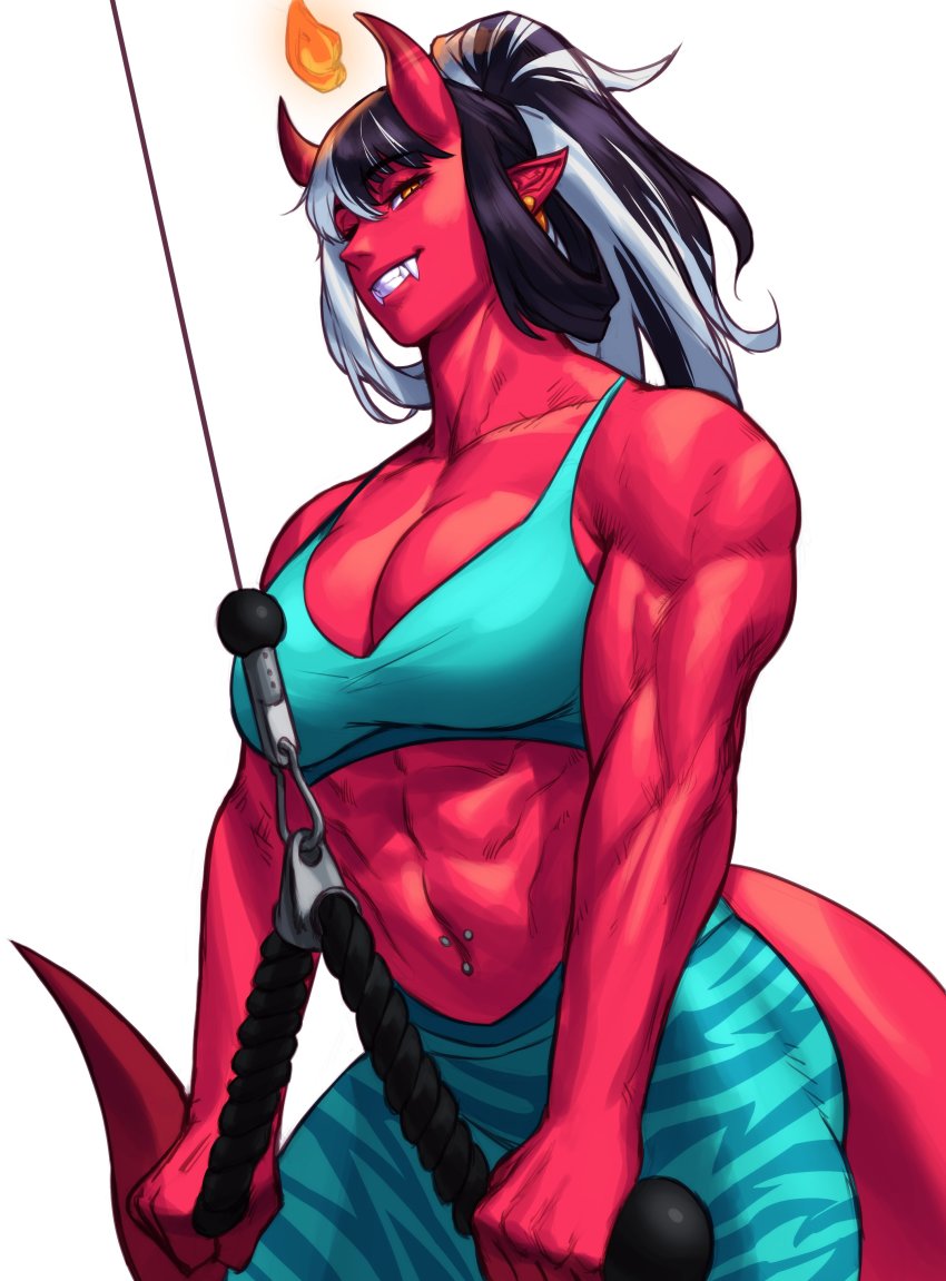 1girl abs absurdres aqua_bra aqua_leggings bare_shoulders biceps black_hair bra breasts cleavage collarbone colored_skin cowboy_shot demon_girl earrings exercising fangs fire grin hair_rings half-closed_eyes high_ponytail highres horns jewelry leggings long_hair looking_at_viewer medium_breasts midriff multicolored_hair muscular muscular_female navel navel_piercing oni oni_horns orange_eyes original piercing pointy_ears ponytail red_skin red_tail sidelocks simple_background slit_pupils smile solo sotcho sports_bra streaked_hair striped_leggings tail teeth triceps two-tone_hair underwear white_background white_hair
