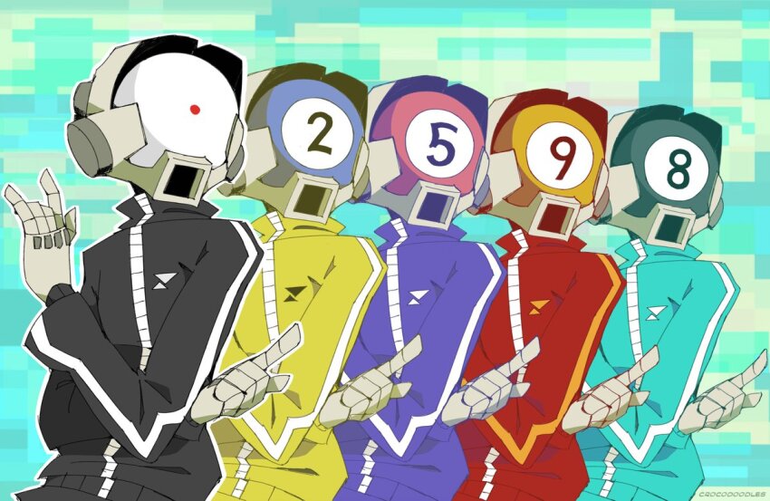 5boys ball billiard_ball black_track_suit blue_background blue_track_suit bomb_rush_cyberfunk commentary curved_monitor cyberhead cyborg doncroco dot_exe english_commentary lineup male_focus mechanical_hands monitor multicolored_background multiple_boys patterned_background pointing purple_track_suit red_track_suit track_suit upper_body yellow_track_suit