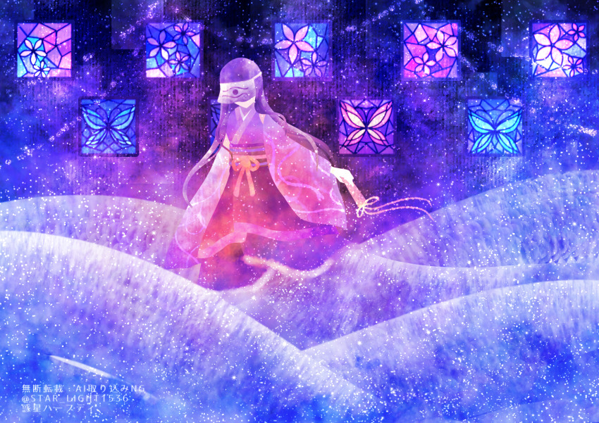 1girl eye_print faceless faceless_female flaired_sleeves highres holding japanese_clothes kimono lamia long_tail monster_girl object_request original pong snake stained_glass star_(sky) starry_sky_background surreal tail wakusei_habuti