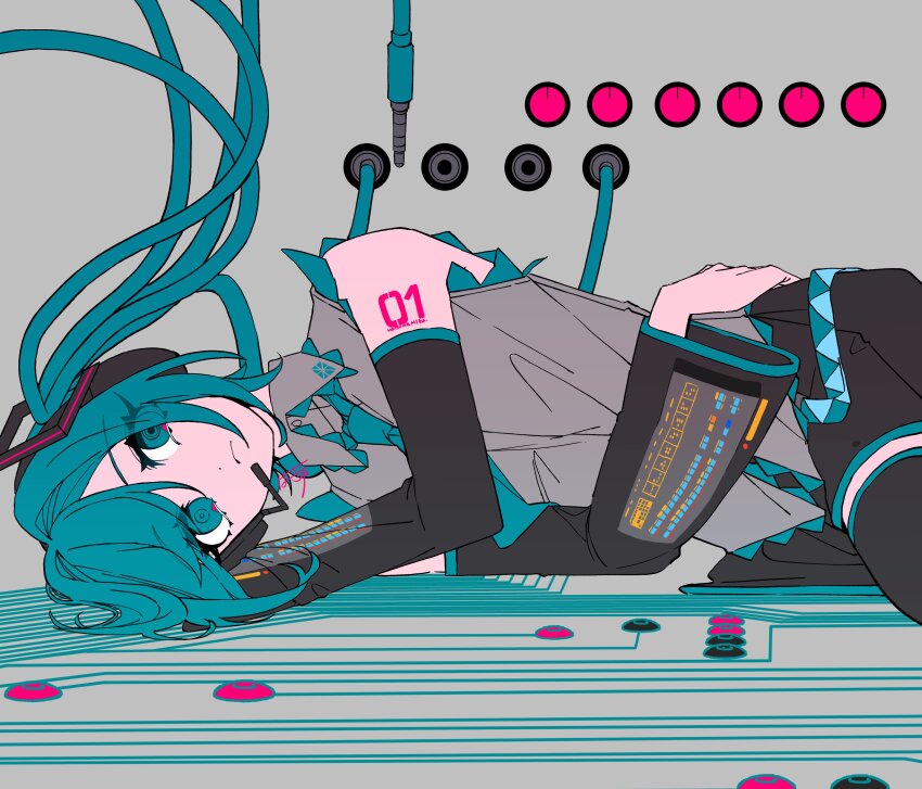 1girl @_@ absurdres adapted_costume aqua_eyes aqua_hair aqua_necktie aqua_trim audio_cable audio_jack black_skirt black_sleeves black_thighhighs cable cable_hair circuit_board closed_mouth collared_shirt commentary cowboy_shot detached_sleeves eiku english_commentary expressionless flat_color frown grey_shirt hair_between_eyes hatsune_miku headset highres long_hair long_sleeves looking_at_viewer lying mismatched_pupils necktie number_tattoo on_side pleated_skirt self_hug shirt sidelocks signature single_bare_shoulder skirt sleeveless sleeveless_shirt solo tattoo thighhighs vocaloid