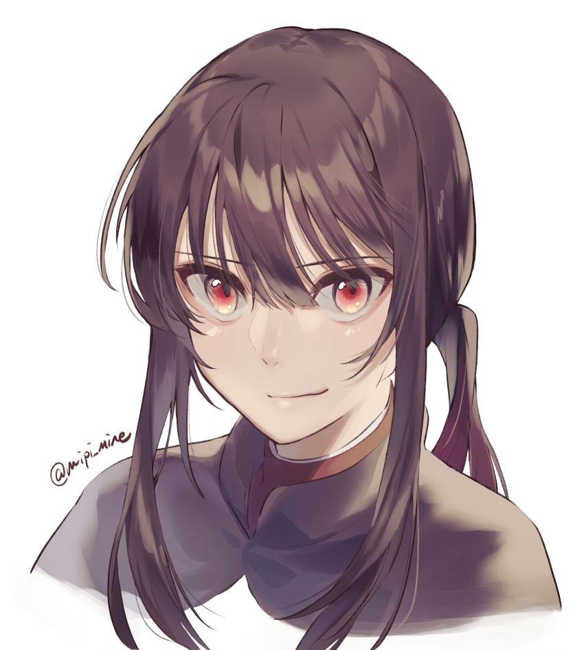 1boy black_hair cape fate/grand_order fate_(series) hair_between_eyes highres light_smile looking_at_viewer low_ponytail male_focus mipi oda_nobukatsu_(fate) ponytail portrait red_eyes sidelocks simple_background solo twitter_username white_background