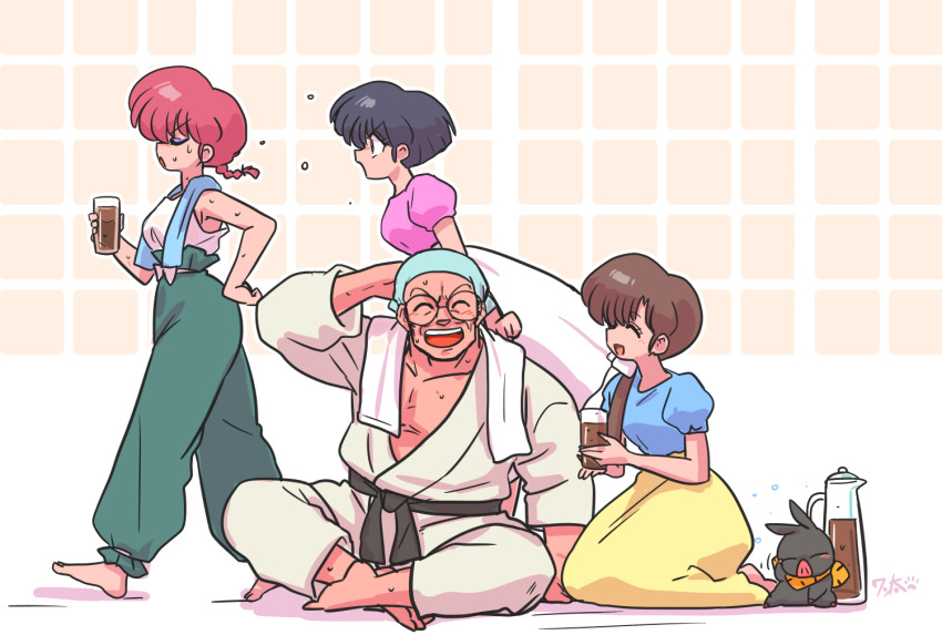 2boys 3girls animal barefoot braid father_and_daughter genderswap genderswap_(mtf) glasses hibiki_ryouga multiple_boys multiple_girls p-chan pig ranma-chan ranma_1/2 red_hair saotome_genma saotome_ranma siblings single_braid sisters tendou_akane tendou_kasumi wanta_(futoshi)