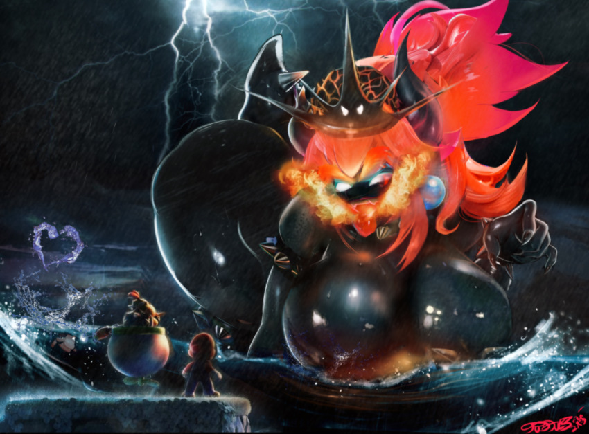 1boy 1girl absurdres armlet ass bent_over black_skin blank_eyes bowser_jr. bowsette bracelet breasts breath_weapon breathing_fire clothed_male_nude_female cloud cloudy_sky collar colored_skin electricity fingernails fire fury_bowser giant giantess glowing glowing_eyes glowing_mouth hanging_breasts hat highres horns huge_ass huge_breasts jewelry junior_clown_car kaiju large_areolae large_nipples lightning long_hair long_sleeves looking_at_another mario mario_(series) monster_girl new_super_mario_bros._u_deluxe nintendo nude ocean outdoors overalls rain red_hair sharp_fingernails shiny_skin size_difference sky solo_focus spiked_armlet spiked_bracelet spiked_collar spiked_tail spikes standing storm super_crown super_mario_3d_world sweater tail tudduls turtle_shell water water_drop waves wet