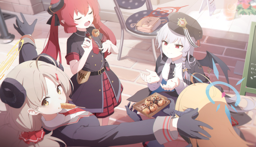 4girls absurdres ahoge akari_(blue_archive) black_coat black_dress black_gloves black_horns black_necktie black_wings blonde_hair blue_archive blush closed_eyes coat coat_on_shoulders collared_shirt demon_horns demon_wings dress fake_wings fang food gloves grey_hair haruna_(blue_archive) hat highres horns izumi_(blue_archive) junko_(blue_archive) light_brown_hair long_hair long_sleeves multiple_girls necktie open_mouth peaked_cap red_eyes red_hair revision shirt single_wing skin_fang smile soeyumi takoyaki white_shirt wings yellow_eyes