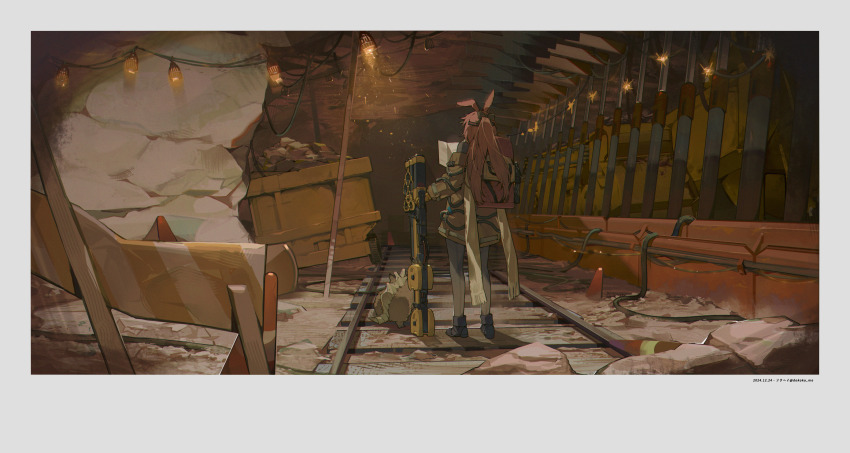 1girl animal_ears arknights artist_name back-seamed_legwear backpack bag black_footwear black_shirt border brown_coat coat creature dated from_behind highres holding holding_weapon mine_(place) minecart off_shoulder pantyhose rabbit_ears railroad_tracks ray_(arknights) red_hair sandbeast_(arknights) seamed_legwear shirt solo sparks touka_(dokoka_me) twitter_username weapon