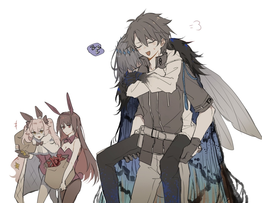 +++ 2boys 2girls animal_ears bag belt black_bow black_bowtie black_pants bone bow bowtie brown_hair brown_pantyhose carrying carrying_person character_request chinese_commentary closed_eyes commentary_request detached_collar fate/grand_order fate_(series) fujimaru_ritsuka_(male) fujimaru_ritsuka_(male)_(polar_chaldea_uniform) gloves grey_belt grey_gloves grey_hair grey_jacket grey_pants grey_shirt highres holding holding_bag jacket koyanskaya_(assassin)_(second_ascension)_(fate) koyanskaya_(fate) leotard long_hair multiple_boys multiple_girls oberon_(fate) oberon_(third_ascension)_(fate) open_clothes open_jacket open_mouth pants pantyhose pink_hair playboy_bunny puff_of_air rabbit_ears rabbit_tail red_bow red_bowtie red_leotard shirt short_hair short_sleeves simple_background smile sweat tail tamamo_(fate) twintails very_long_hair white_background yellow_eyes yuezhuanlang zzz