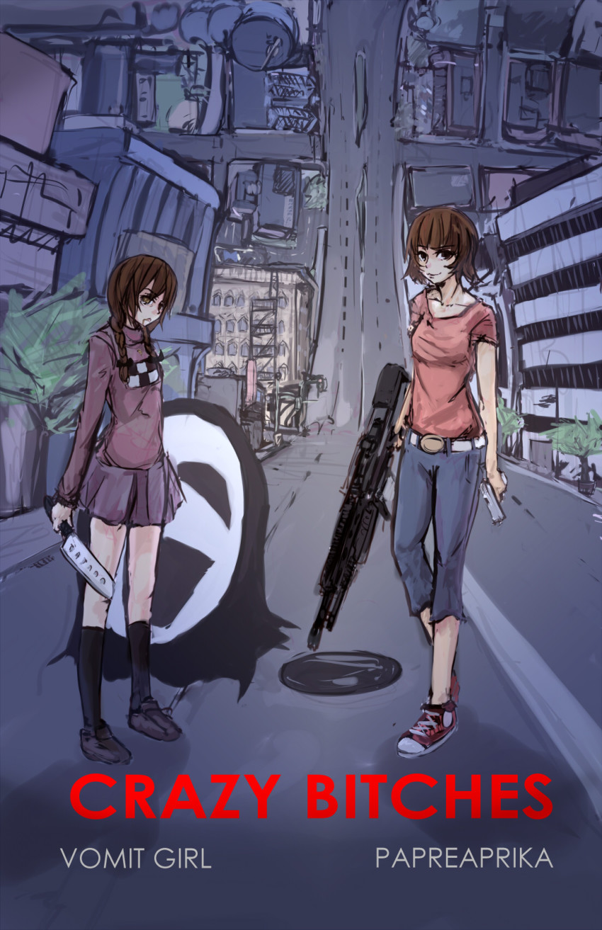 2girls braid brown_eyes brown_hair cityscape converse crossover dual_wielding gun handgun heavy_machine_gun highres holding inception knife machine_gun madotsuki multiple_girls no_socks panties_(pantsu-pirate) paprika paprika_(character) parody pistol shoes short_hair skirt sneakers socks sweater twin_braids uboa vomit weapon yume_nikki