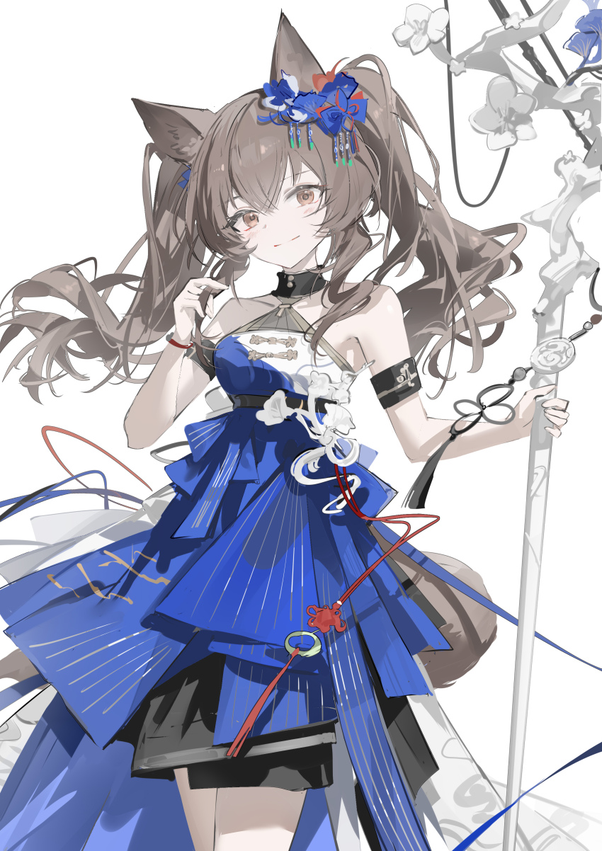1girl absurdres ambience_synesthesia angelina_(ambience_synesthesia_2025)_(arknights) angelina_(arknights) animal_ears arknights armband armpit_peek bare_shoulders belt black_collar black_dress blue_dress blush bow brown_eyes brown_hair collar commentary contrapposto cowboy_shot dress english_commentary flower fox_ears fox_girl fox_tail hair_between_eyes hair_bow hair_flower hair_ornament hand_up head_tilt high-waist_dress highres holding holding_staff looking_at_viewer luozhou_pile official_alternate_costume sidelocks smile solo staff tail twintails twirling_hair white_background