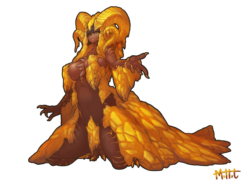 1girl animal_legs curled_horns dragon_girl highres horns kulve_taroth monster_hunter_(series) muhut personification short_hair
