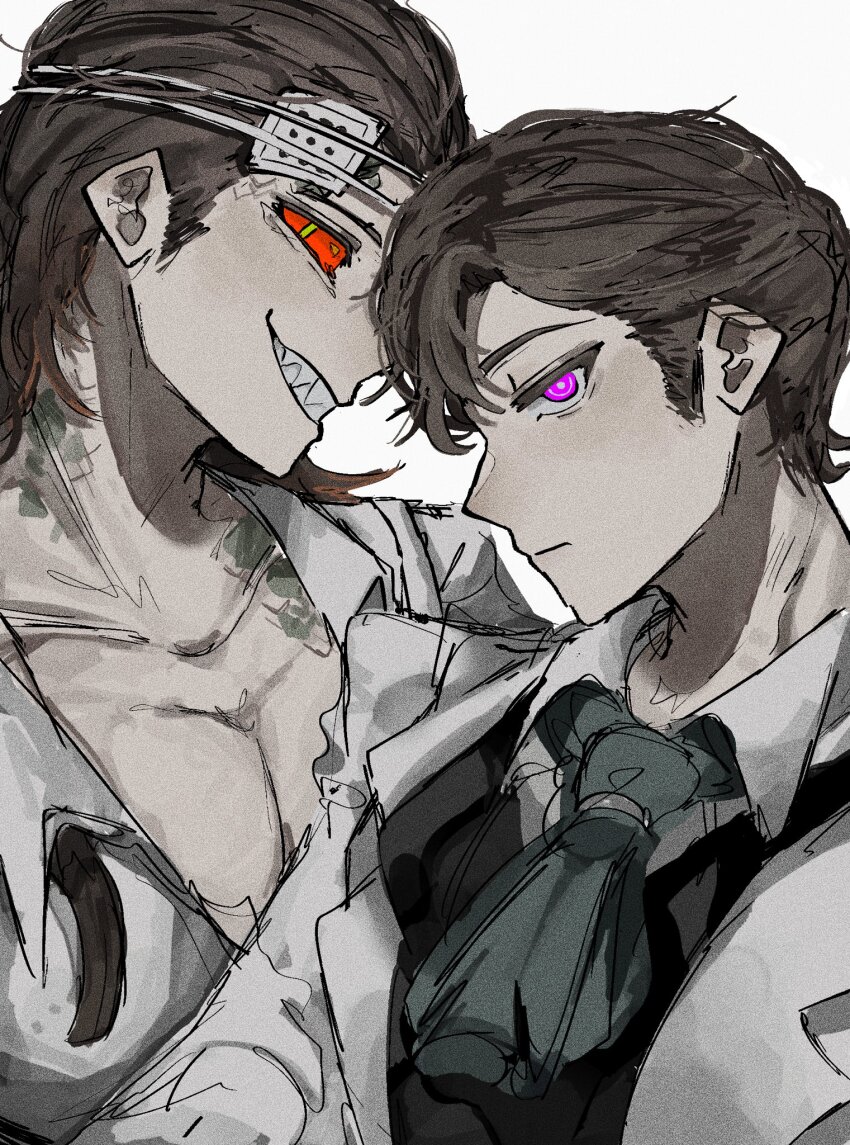2boys ascot black_vest body_markings brown_hair closed_mouth colored_sclera gauze gouboot green_ascot green_pupils grey_pupils grin hair_slicked_back highres identity_v jacket looking_at_viewer luchino_diruse male_focus medium_hair multiple_boys open_collar orpheus_(identity_v) pectoral_cleavage pectorals pink_eyes profile red_sclera ringed_eyes serious sharp_teeth shirt short_hair sideways_glance simple_background smile teeth upper_body vest white_background white_jacket white_shirt