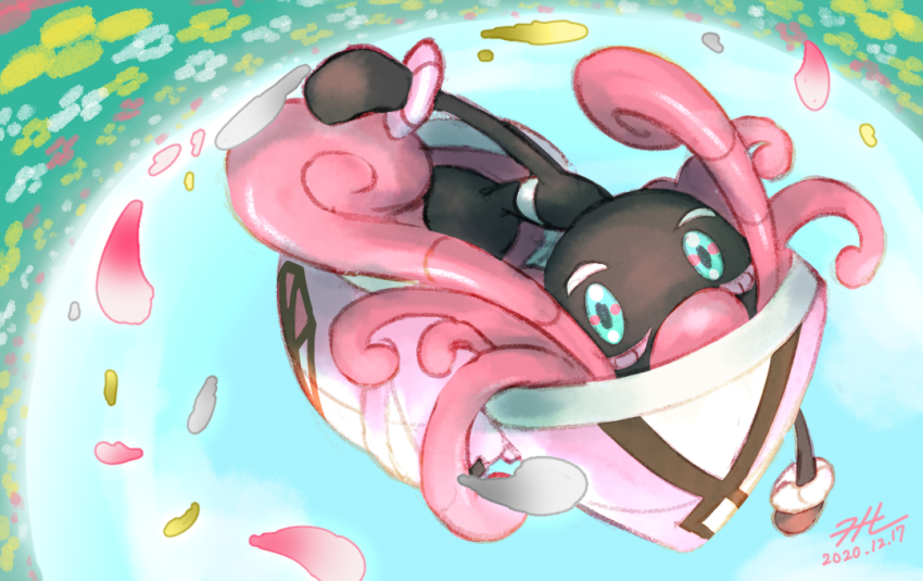 blue_eyes commentary_request dated flower gen_7_pokemon legendary_pokemon looking_at_viewer nintendo no_humans null_suke one-hour_drawing_challenge outdoors petals pokemon pokemon_(creature) signature tapu_lele upside-down