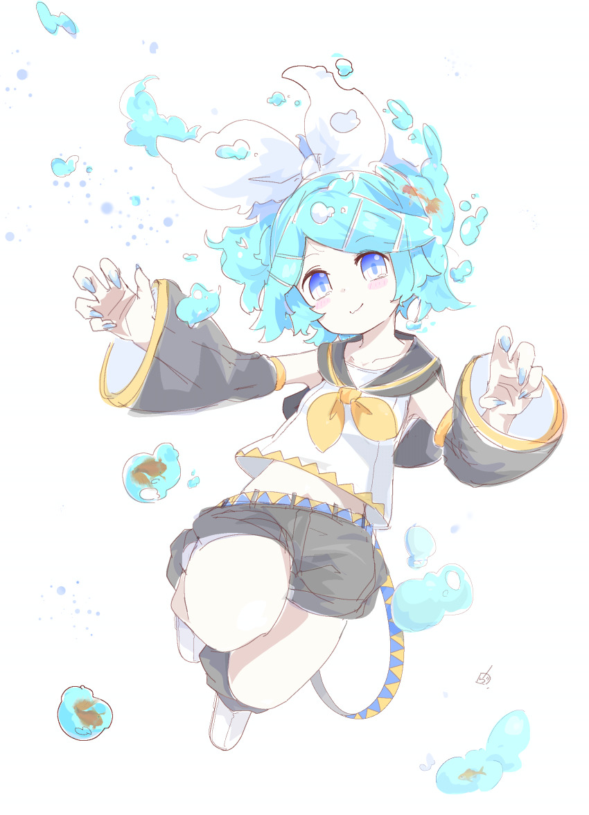 :3 absurdres aqua_hair bare_shoulders belt black_leg_warmers black_sailor_collar black_shorts black_sleeves blue_belt blue_hair blue_nails blush_stickers bottle_rin bow breasts fish floating goldfish hair_bow hair_ornament hairclip highres kagamine_rin leg_warmers legs_up liquid_hair midriff neckerchief pale_skin sailor_collar sailor_shirt see-through_clothes see-through_sleeves shirt short_hair shorts signature skinny sleeveless sleeveless_shirt small_breasts swept_bangs two-tone_belt vocaloid vorusan_(volver39) white_bow white_sneakers yellow_belt yellow_neckerchief