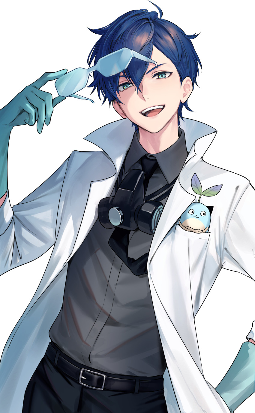 1boy absurdres arm_up belt belt_buckle black_belt black_pants black_shirt blue_eyes blue_hair buckle coat collared_coat collared_shirt contrapposto dress_shirt gas_mask gloves hair_between_eyes hand_in_pocket highres holding holding_removed_eyewear in_pocket leos_vincent leos_vincent_(1st_costume) looking_at_viewer male_focus mameneko_(leos_vincent) mask mask_around_neck nijisanji open_clothes open_coat open_mouth pants parted_bangs popped_collar rubber_gloves shirt shirt_tucked_in simple_background solo teeth tone_haruma tongue transparent_background unworn_eyewear upper_teeth_only virtual_youtuber white_coat wing_collar