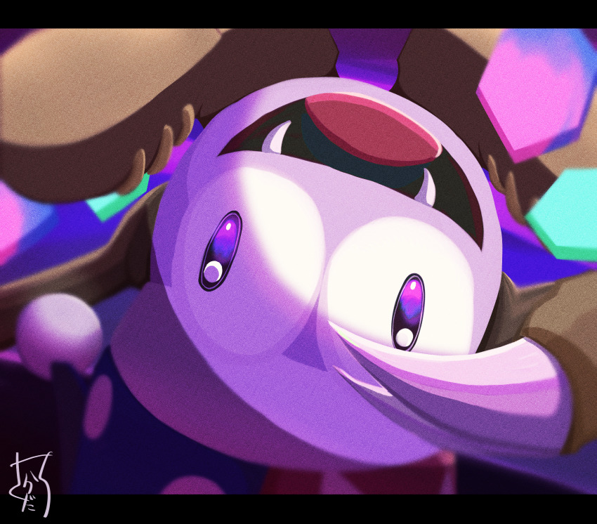 brown_shoes claws colored_skin fangs hat highres jester_cap kirby_(series) letterboxed looking_at_viewer marx_(kirby) nintendo no_humans open_mouth pom_pom_(clothes) purple_eyes purple_skin sakadachi_(tsuya_69) shoes signature solo upside-down