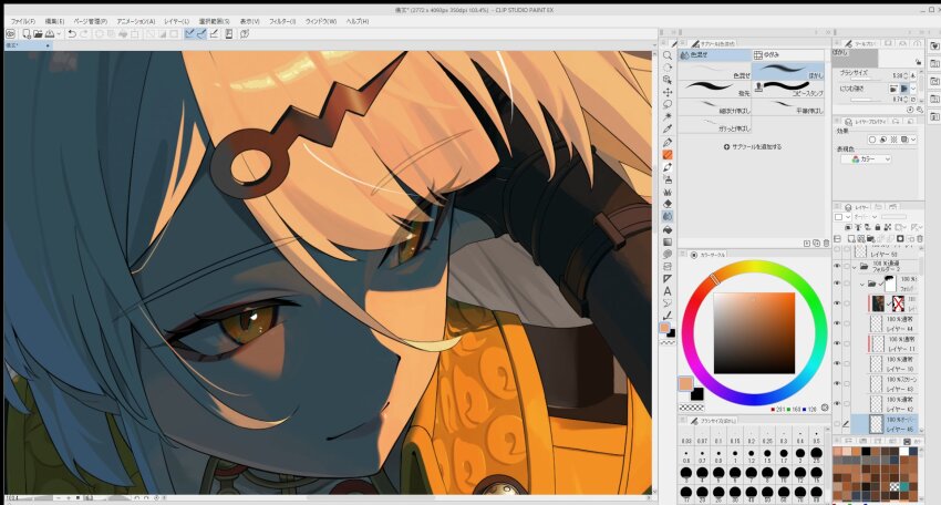 1girl art_program_in_frame black_gloves closed_mouth commentary gloves hair_between_eyes hair_ornament hairpin hand_up highres jacket light_smile long_hair looking_to_the_side portrait shinarika396 smile solo unfinished white_hair yellow_eyes yellow_jacket yixuan_(zenless_zone_zero) zenless_zone_zero