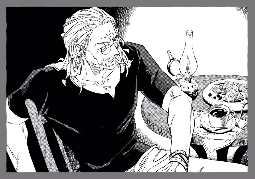 1boy beard bracelet croissant cup facial_hair food glasses greyscale hair_slicked_back highres jewelry light_smile male_focus medium_hair monochrome one_piece redcrocodile875 shirt short_sleeves silvers_rayleigh sitting solo stitched_arm stitches