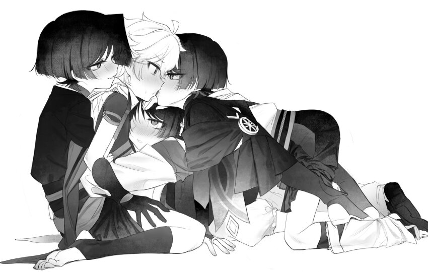 4boys aether_(genshin_impact) all_fours armor blush cerebrumsomnium clone dual_persona french_kiss from_side genshin_impact gloves greyscale highres japanese_armor japanese_clothes kiss kote male_focus monochrome multiple_boys nose_blush parted_lips saliva scaramouche_(genshin_impact) short_sleeves simple_background sitting sweat toeless_legwear wanderer_(genshin_impact) yaoi