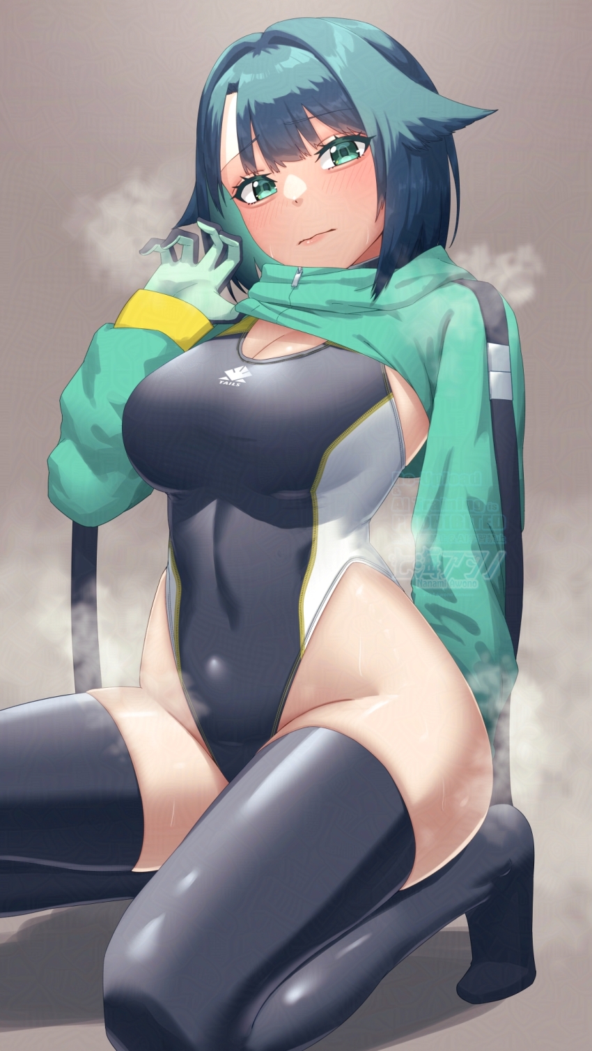 1girl aqua_shrug awono_nanaumi black_one-piece_swimsuit black_thighhighs blue_hair breasts cleavage commentary_request competition_swimsuit covered_navel fukami_nana_(awono_nanaumi) gloves gradient_background green_eyes green_gloves grey_background hair_flaps highleg highleg_one-piece_swimsuit highres kneeling large_breasts multicolored_swimsuit one-piece_swimsuit original short_hair solo steaming_body swimsuit thighhighs two-tone_swimsuit