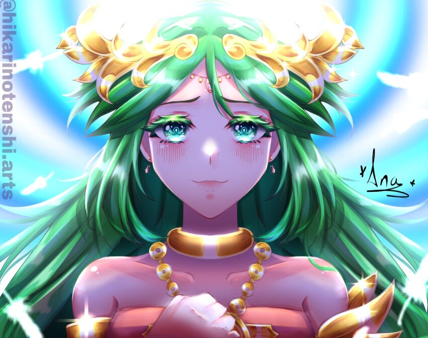 :3 chain collarbone colored_eyelashes commentary earrings english_commentary facing_viewer feathers floating_earring forehead_jewel glowing_feather gold_chain halo highres hikarinotenshi.arts instagram_username jewelry kid_icarus kid_icarus_uprising lips long_hair neck_ring nintendo pale_skin palutena pink_lips shiny_skin sidelocks signature symbol-shaped_pupils teardrop_earrings thick_eyelashes white_feathers