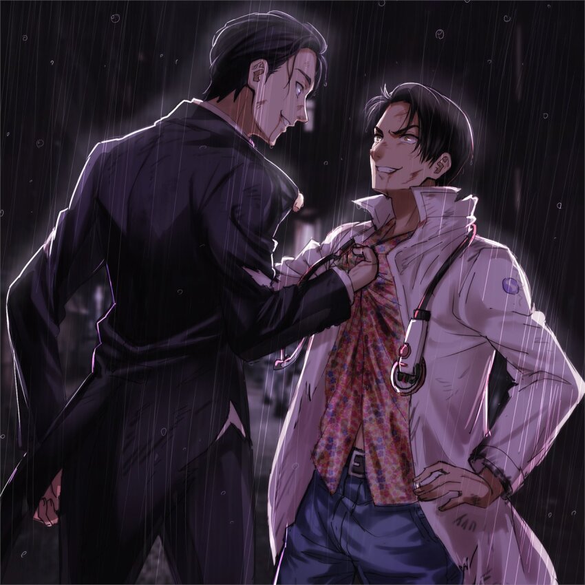 2boys black_hair black_jacket blood blood_on_face bruise clothes_grab coattails dan_kuroto denim floral_print formal_clothes hands_on_own_hips highres injury jacket jeans kamen_rider kamen_rider_ex-aid_(series) kuujou_kiriya male_focus mido_(byebyebye03) multiple_boys pants rivalry rivalry shirt_grab