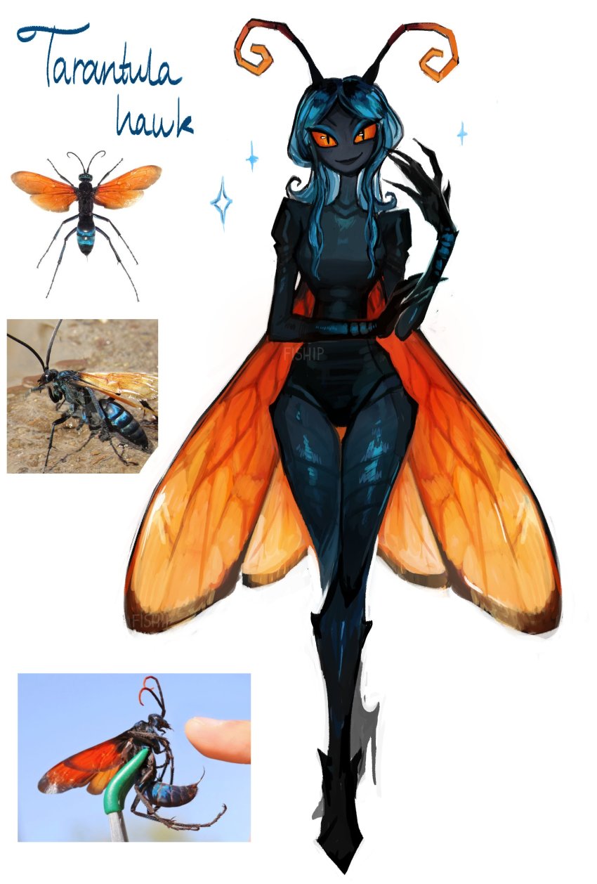 1girl absurdres antennae arthropod_girl black_skin blue_hair bug closed_mouth colored_sclera colored_skin creature_and_personification crossed_legs fingernails hand_up high_heels highres insect_wings long_fingernails long_hair looking_at_viewer matilda_fiship monster_girl orange_sclera original personification sharp_fingernails slit_pupils smile solo standing thigh_gap watson_cross wings