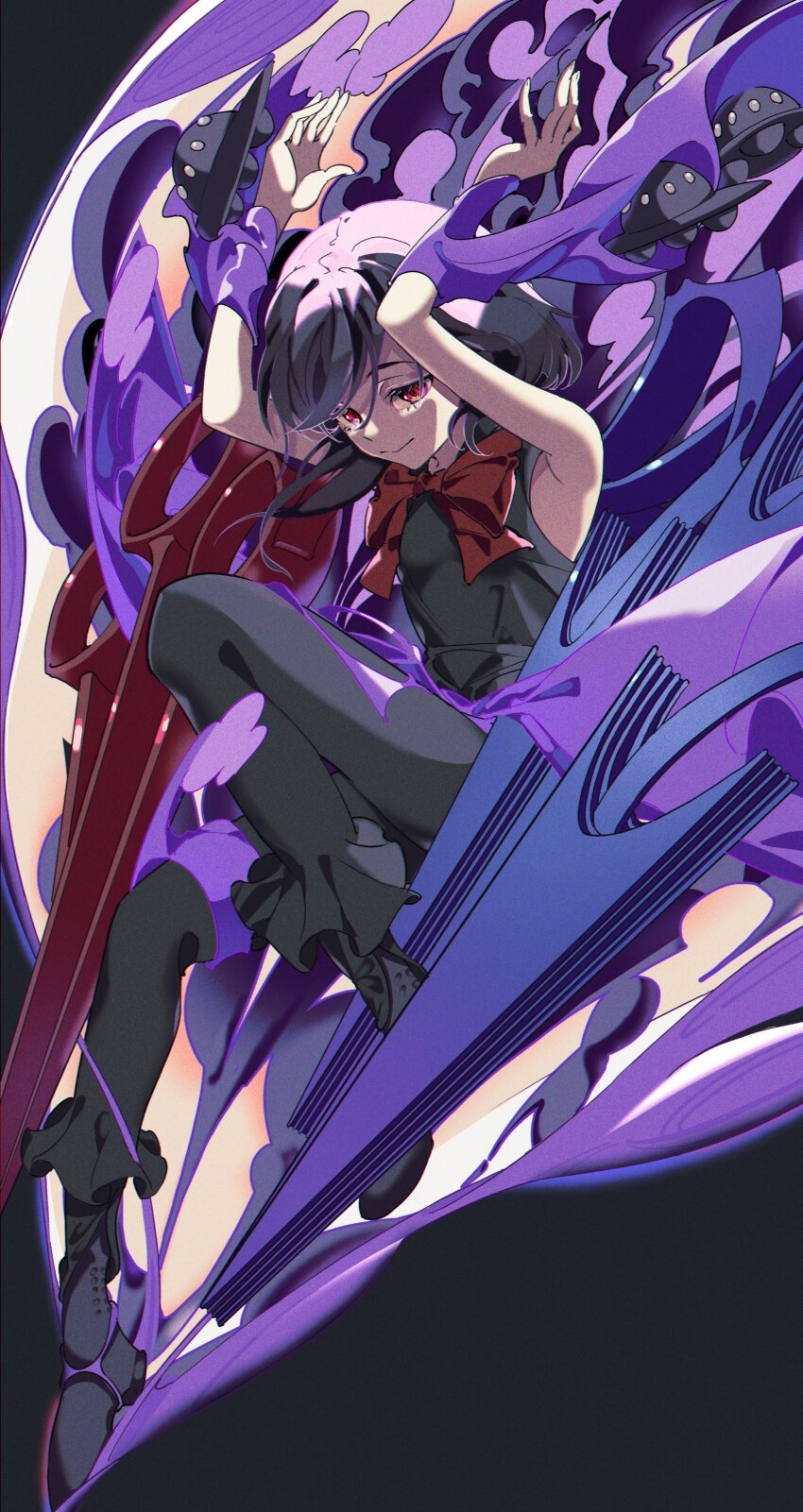 1girl absurdres asymmetrical_wings black_background black_hair black_pantyhose closed_mouth highres houjuu_nue mizoreshi pantyhose sleeveless solo touhou wings