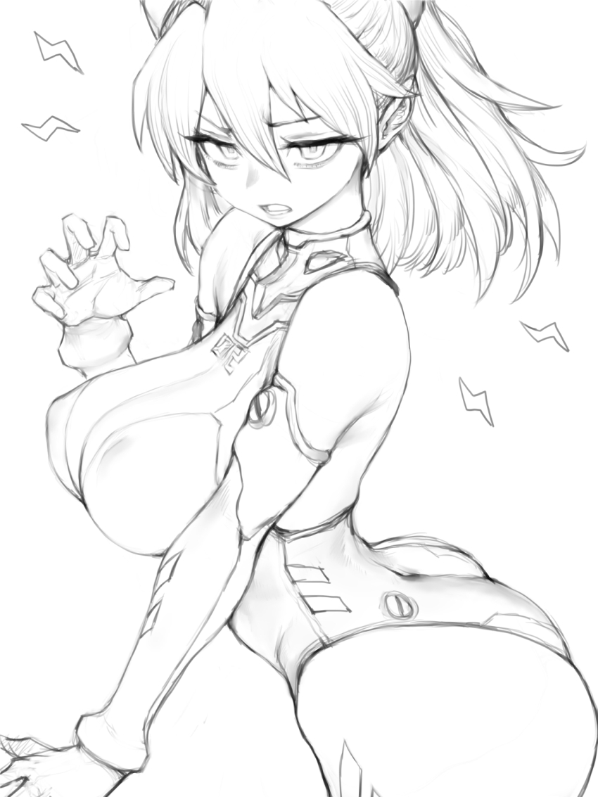 1girl adapted_costume alternate_breast_size alternate_costume ass breasts curvy elbow_gloves frown fumio_(rsqkr) gloves hair_between_eyes highleg highleg_leotard highres huge_ass large_breasts leotard lightning_bolt_symbol long_hair looking_at_viewer lower_teeth_only mecha_pilot_suit monochrome neon_genesis_evangelion open_mouth pectorals plugsuit_(evangelion) shiny_clothes solo souryuu_asuka_langley standing teeth thong_leotard tsundere white_background wide_hips