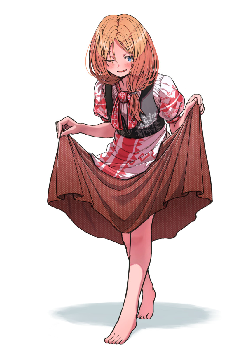1girl apron barefoot black_vest blonde_hair blue_eyes bowing brown_skirt clothes_lift clothing_request embroidery full_body highres lifting_own_clothes long_hair original polka_dot polka_dot_skirt puffy_sleeves shadow simple_background skirt skirt_lift slavic_clothes solo toraneko vest waist_apron white_background