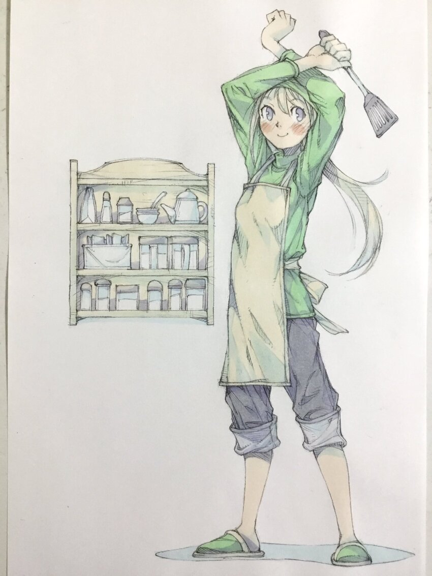 1girl apron arms_up bandana black_pants blonde_hair blue_eyes bottle closed_mouth coffee_pot commentary crossed_wrists cup full_body green_bandana green_slippers highres holding holding_spatula long_hair looking_to_the_side original pants pants_rolled_up peter_salt ponytail shelf slippers solo spatula standing traditional_media wall_shelf white_apron