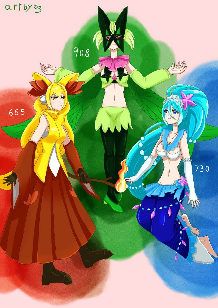 3girls absurdres blonde_hair blue_hair breasts cleavage delphox fox_girl gen_6_pokemon gen_7_pokemon green_hair highres meowscarada multiple_girls nintendo personification pokemon primarina
