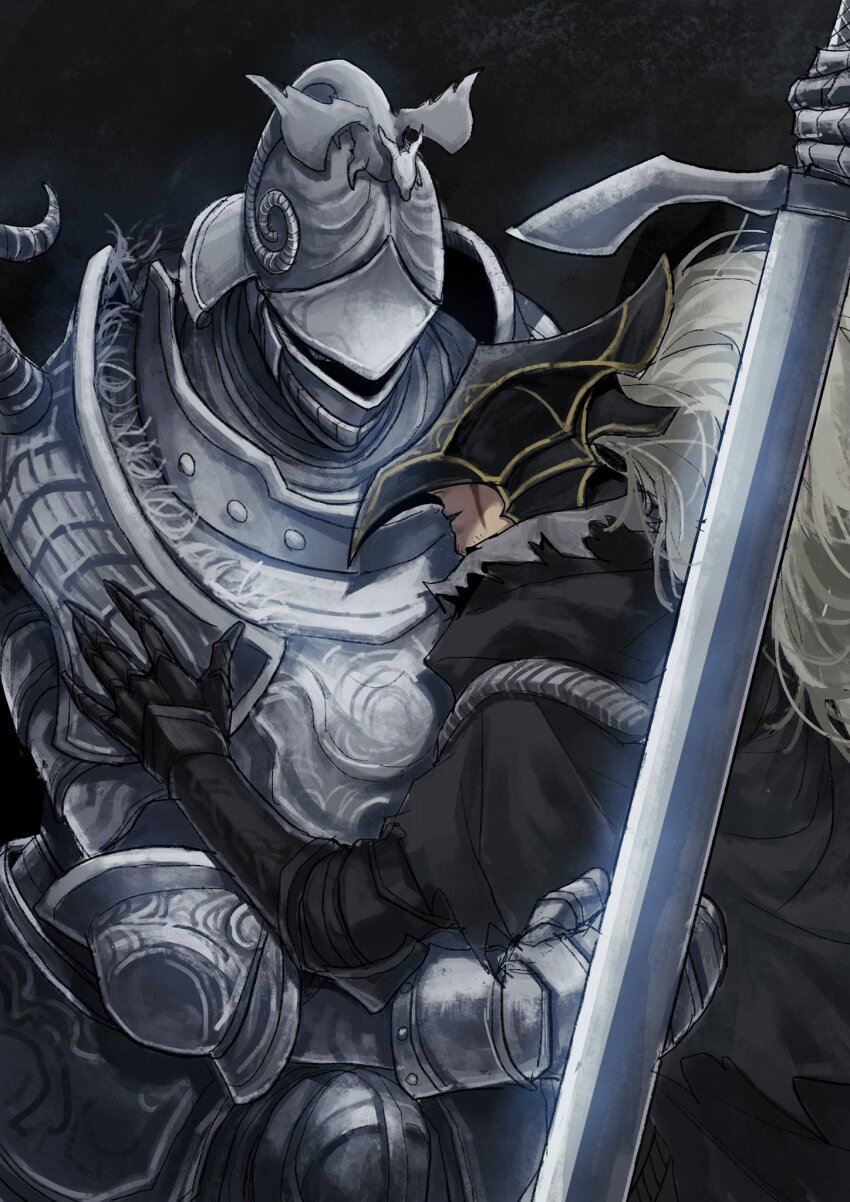 2boys armor banished_knight banished_knight_oleg beard black_background black_cape breastplate cape chinese_commentary codpiece commentary_request elden_ring facial_hair full_armor gauntlets greaves height_difference highres holding holding_sword holding_weapon hug knight multiple_boys parted_lips plume scar scar_on_face smile sword tarnished_(elden_ring) tworain_w unfinished upper_body weapon