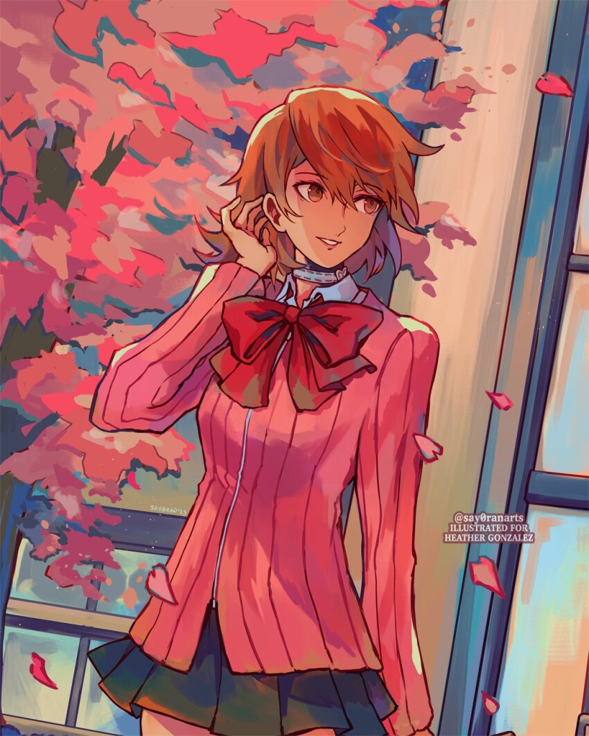 1girl black_skirt bow bowtie brown_eyes brown_hair building cardigan cherry_blossoms choker collared_shirt commentary cowboy_shot english_commentary falling_petals gekkoukan_high_school_uniform hair_between_eyes hand_up heart heart_choker highres long_sleeves looking_to_the_side loose_bowtie medium_hair miniskirt outdoors parted_lips persona persona_3 petals pink_cardigan pink_petals pleated_skirt red_bow red_bowtie ribbed_cardigan say0ran school_uniform shirt skirt smile solo takeba_yukari tree twitter_username white_choker white_shirt window