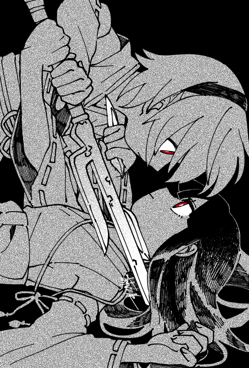 2girls closed_mouth commentary_request confrontation detached_sleeves dual_wielding duel eye_contact from_side furude_rika girl_on_top greyscale hair_spread_out hairband hatching_(texture) high_contrast highres higurashi_no_naku_koro_ni higurashi_no_naku_koro_ni_gou holding holding_sword holding_weapon houjou_satoko linear_hatching long_hair looking_at_another lying momotarekawa monochrome multiple_girls noise nontraditional_miko on_back onigari-no-ryuuou profile red_eyes ribbon-trimmed_sleeves ribbon_trim short_hair signature spoilers spot_color sword upper_body weapon wide_sleeves