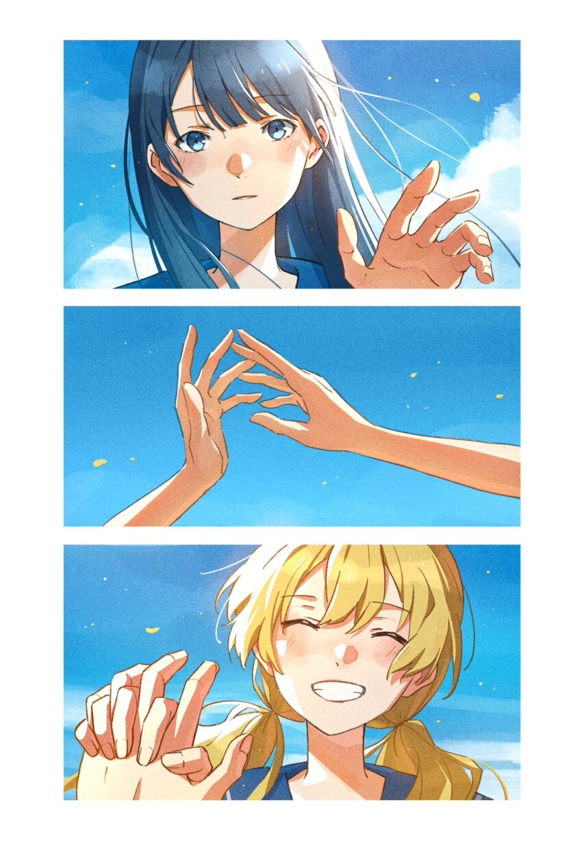 2girls ^_^ ado_(utaite) aoi_(ado) blonde_hair blue_eyes blue_hair blush clenched_teeth closed_eyes commentary highres himawari_(ado) hinata_(ado) holding_hands interlocked_fingers long_hair mele_ck multiple_girls sky smile teeth very_long_hair
