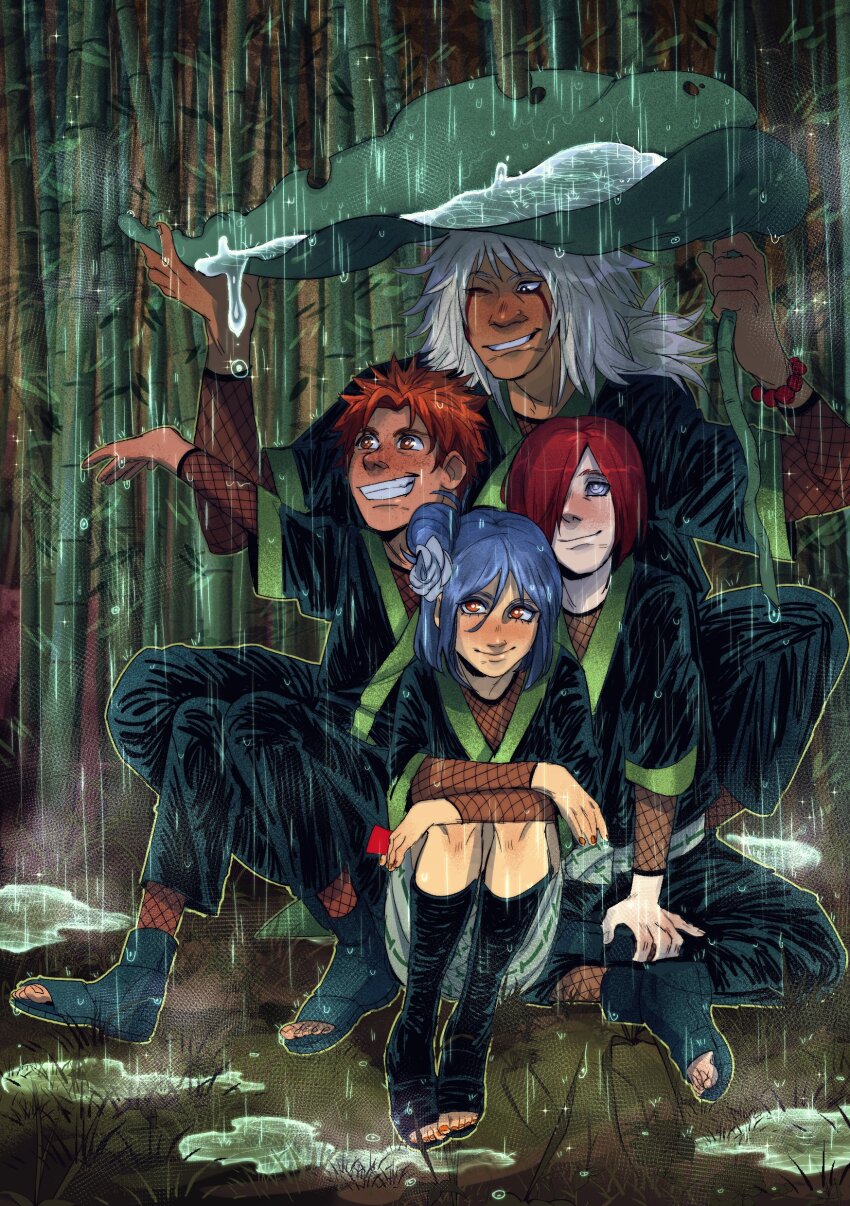1girl 3boys absurdres aged_down blue_hair blush full_body highres jiraiya_(naruto) konan_(naruto) lipeka long_hair multiple_boys nagato_(naruto) naruto_(series) naruto_shippuuden orange_eyes orange_hair outdoors rain red_hair rinnegan short_hair sitting smile yahiko_(naruto)