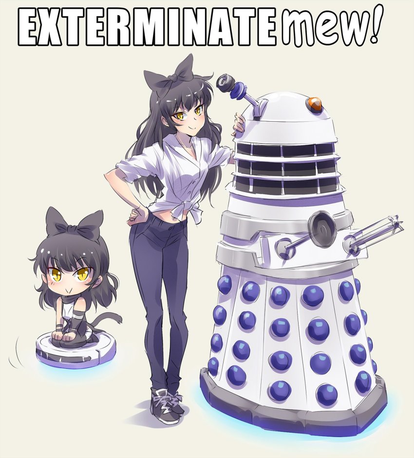 1girl alternate_costume animal_ears black_hair blake_belladonna blouse bow cat_ears cat_tail chibi crossover dalek doctor_who dual_persona english_text full_body grey_background hair_bow highres iesupa kemonomimi_mode long_hair midriff multiple_views navel pantyhose ribbon robotic_vacuum_cleaner rwby shirt shoes simple_background sitting sneakers standing tail white_shirt yellow_eyes