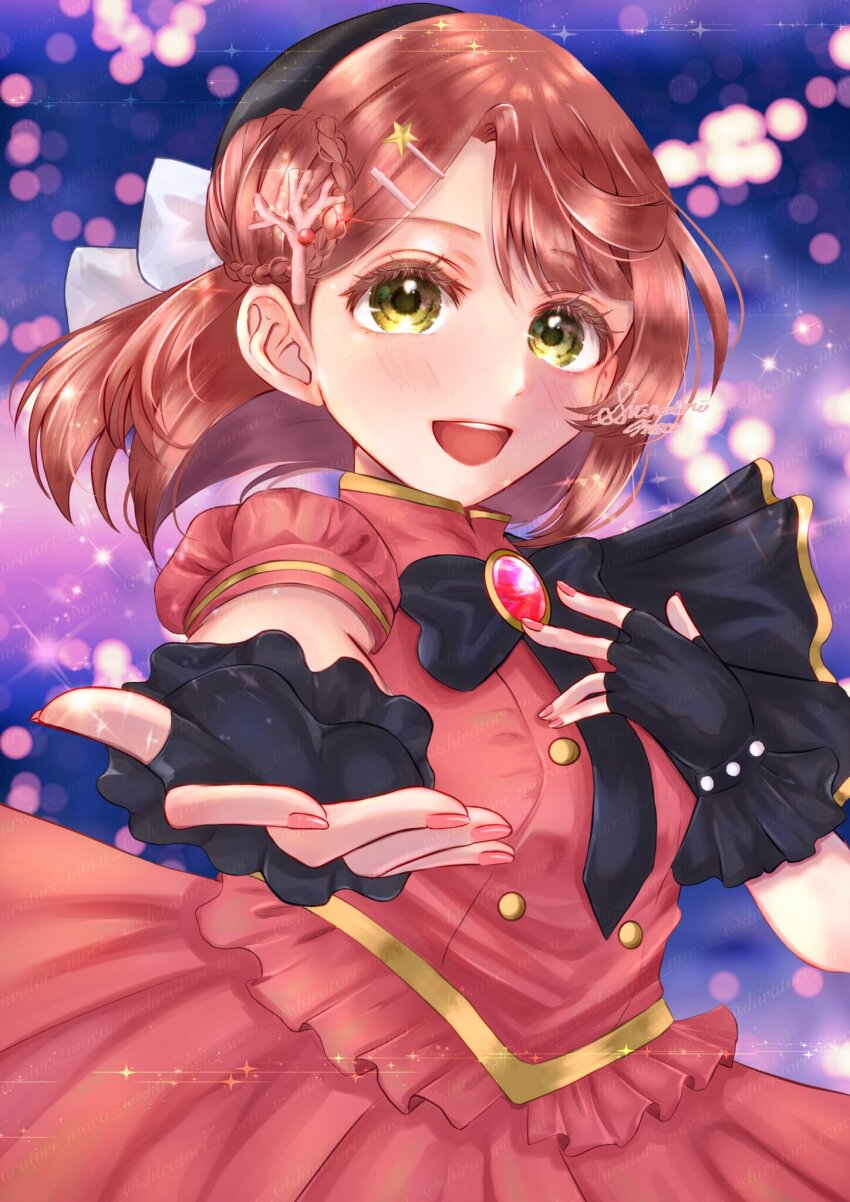 1girl :d black_bow black_bowtie black_capelet black_gloves black_necktie blunt_bangs blurry blurry_background blush bokeh bow bowtie breasts bun_with_braided_base capelet commentary_request coral_hair_ornament depth_of_field fingerless_gloves frilled_gloves frills gloves hair_bun hair_ornament hairclip half_updo hand_on_own_chest highres looking_at_viewer love_live! love_live!_nijigasaki_high_school_idol_club love_live!_nijigasaki_high_school_idol_club_the_movie_-_finale medium_breasts medium_hair necktie official_alternate_costume open_mouth orange_shirt orange_skirt pink_hair pleated_skirt puffy_short_sleeves puffy_sleeves purple_background shiratori_moca shirt short_sleeves side_cape single_side_bun skirt skirt_set smile solo stellar_stream_(love_live!) swept_bangs uehara_ayumu yellow_eyes