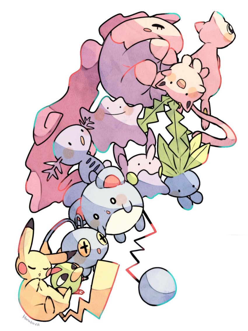 :o animal_focus antennae beak blue_skin chinchou closed_eyes colored_skin commentary_request ditto floating from_behind gen_1_pokemon gen_2_pokemon gen_5_pokemon gen_6_pokemon goomy green_skin hanabusaoekaki highres hoppip leaf legendary_pokemon marill mew_(pokemon) musharna mythical_pokemon natu nintendo no_humans oddish pikachu pink_skin pokemon pokemon_(creature) simple_background sleeping slime_(substance) slug smile solid_circle_eyes star-shaped_pupils star_(symbol) symbol-shaped_pupils tail upside-down white_background white_skin wooper yellow_skin