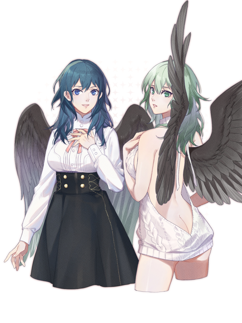 1girl alternate_costume alternate_hair_color ass black_wings blue_eyes blue_hair butt_crack clovisxvii commentary_request cropped_legs feathered_wings female_byleth_(enlightened)_(fire_emblem) female_byleth_(fire_emblem) fire_emblem fire_emblem:_three_houses from_behind garreg_mach_monastery_uniform green_eyes green_hair highres looking_back medium_hair meme_attire multiple_views nintendo parted_lips simple_background virgin_killer_outfit virgin_killer_sweater white_background wings