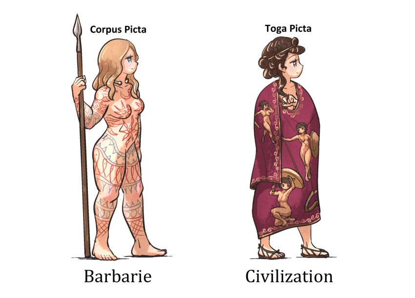 ancient_greek_clothes ass blonde_hair blue_eyes bodypaint breasts brown_eyes brown_hair circlet embroidery greco-roman_clothes highres holding holding_polearm holding_shield holding_weapon ironlily multiple_girls navel nude original polearm robe shield simple_background standing toga weapon white_background