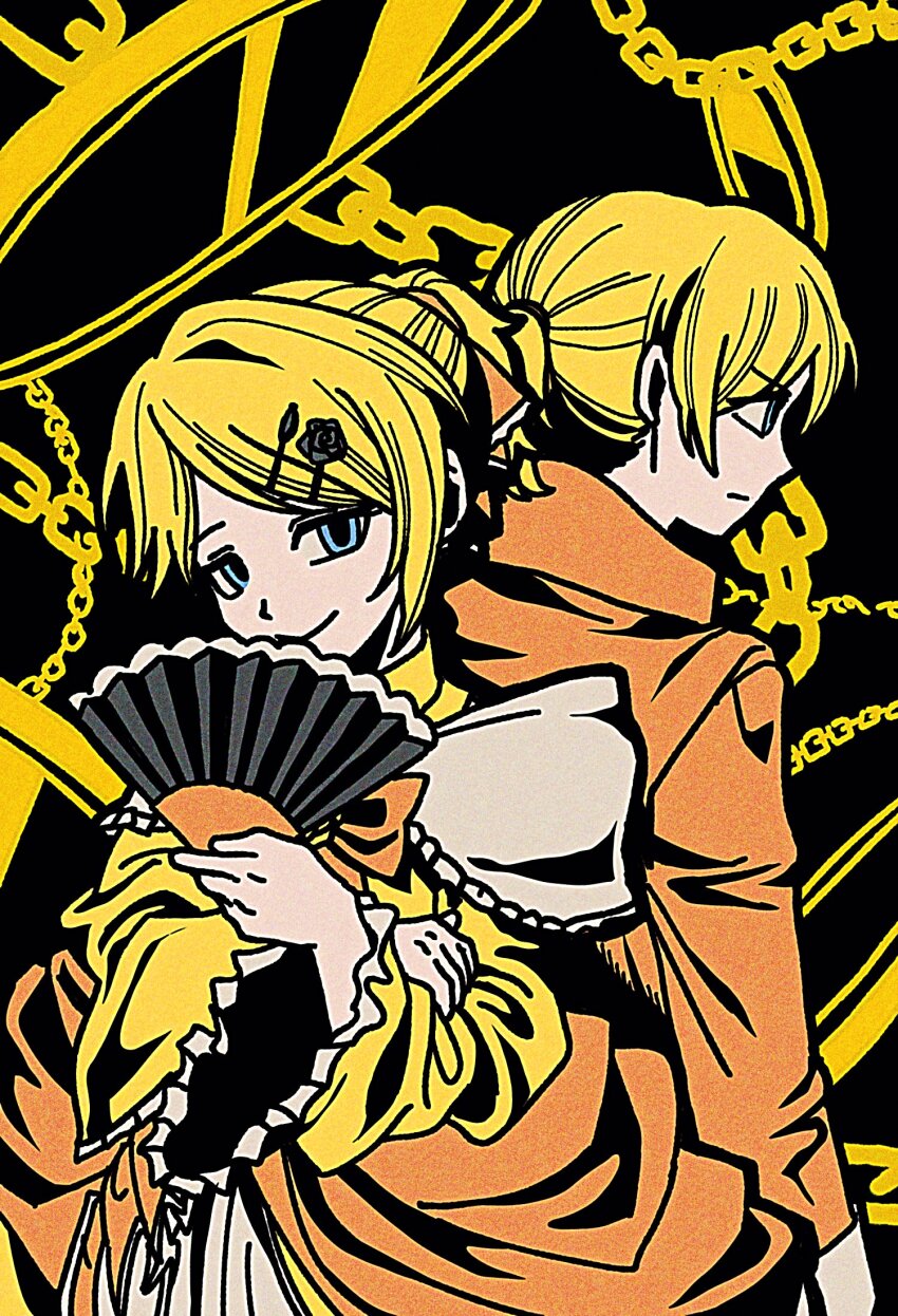 aku_no_meshitsukai_(vocaloid) aku_no_musume_(series) aku_no_musume_(vocaloid) allen_avadonia arm_rest back-to-back black_flower black_rose blonde_hair blue_eyes bow brother_and_sister chain choker closed_mouth coat collared_coat collared_jacket covering_own_mouth crossed_arms dress dress_bow dress_ribbon evil_smile evillious_nendaiki flower four_mirrors_of_lucifenia frilled_sleeves frills hair_bow hair_ornament hairclip hand_fan high_ponytail highres holding holding_fan jacket kagamine_len kagamine_rin long_sleeves off-shoulder_dress off_shoulder ojou-sama_pose orange_bow orange_coat orange_jacket petticoat ponytail riliane_lucifen_d&#039;autriche rose serious siblings smile smug swept_bangs t0ngue2 twins updo vessel_of_sin vocaloid wide_sleeves yellow_choker